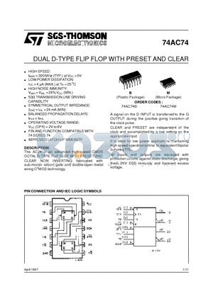 74AC74 datasheet - DUAL D-TYPE FLIP FLOP WITH PRESET AND CLEAR