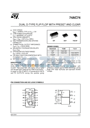 74AC74MTR datasheet - DUAL D-TYPE FLIP FLOP WITH PRESET AND CLEAR