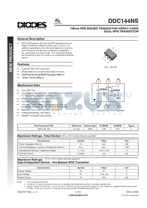 DDC144NS datasheet - 100mA PRE-BIASED TRANSISTOR ARRAY USING DUAL NPN TRANSISTOR