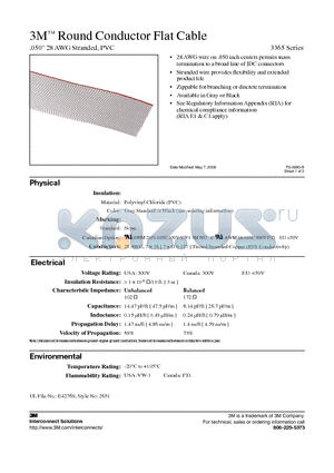 C3365/06 datasheet - 3M Round Conductor Flat Cable .050 28 AWG Stranded, PVC