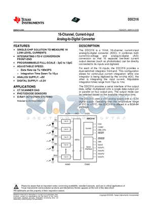 DDC316CGXGT datasheet - 16-Channel, Current-Input Analog-to-Digital Converter