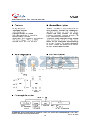 AH285-PLA datasheet - Hall-Effect Smart Fan Motor Controller