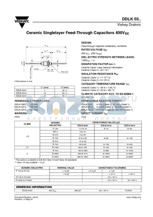 DDLK0316 datasheet - Ceramic Singlelayer Feed-Through Capacitors 400VDC