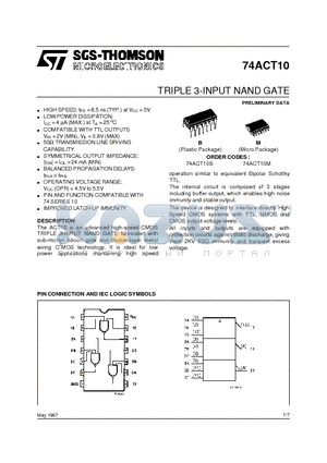 74ACT10B datasheet - TRIPLE 3-INPUT NAND GATE