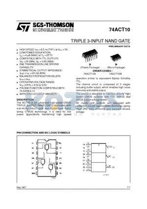 74ACT10 datasheet - TRIPLE 3-INPUT NAND GATE