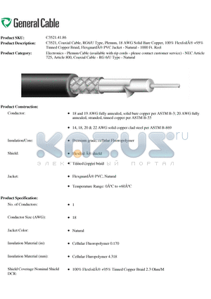 C35214186 datasheet - C3521, Coaxial Cable, RG6/U Type, Plenum, 18 AWG Solid Bare Copper