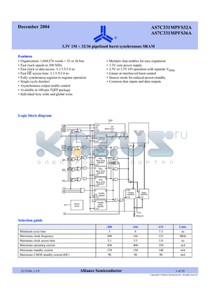 AS7C331MPFS32A-133TQC datasheet - 3.3V 1M x 32/36 pipelined burst synchronous SRAM