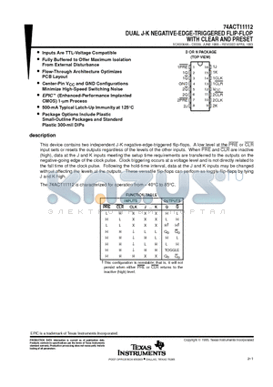 74ACT11112 datasheet - DUAL J-K NEGATIVE-EDGE-TRIGGERED FLIP-FLOP WITH CLEAR AND PRESET