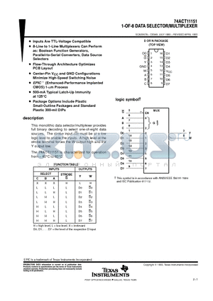 74ACT11151 datasheet - 1-OF-8 DATA SELECTOR/MULTIPLEXER