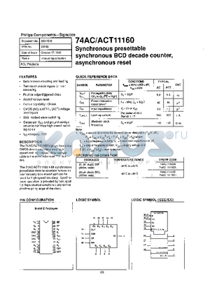 74ACT11160 datasheet - SYNCHRONOUS PRESETTABLE SYNCHRONOUS BCD DECADE COUNTER