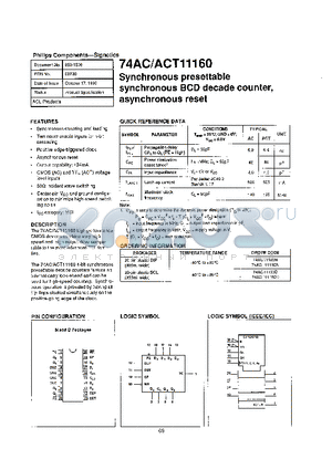 74ACT11160N datasheet - SYNCHRONOUS PRESETTABLE SYNCHRONOUS BCD DECADE COUNTER