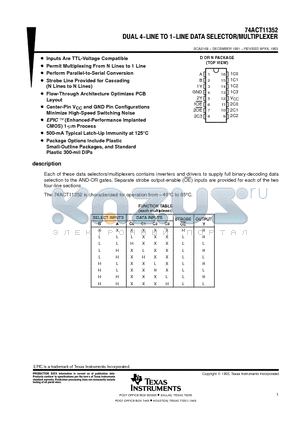 74ACT11352 datasheet - DUAL 4-LINE TO 1-LNE DATA SELECTOR/MULTIPLEXER