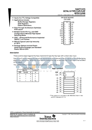 74ACT11273 datasheet - OCTAL D-TYPE FLIP-FLOP WITH CLEAR