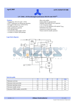 AS7C33256NTF18B-75TQI datasheet - 3.3V 256K x 18 Flowthrough Synchronous SRAM with NTD