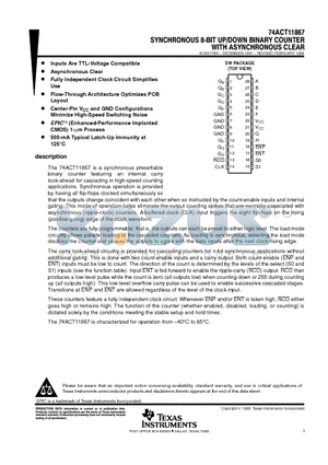 74ACT11867 datasheet - SYNCHRONOUS 8-BIT UP/DOWN BINARY COUNTER WITH ASYNCHRONOUS CLEAR