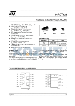 74ACT125MTR datasheet - QUAD BUS BUFFERS (3-STATE)