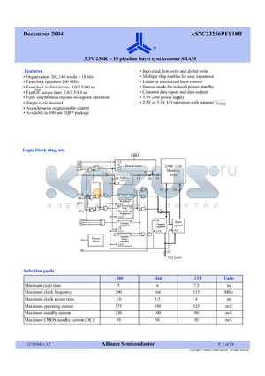 AS7C33256PFS18B datasheet - 3.3V 256K X 18 pipeline burst synchronous SRAM