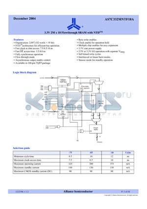 AS7C332MNTF18A-85TQI datasheet - 3.3V 2M x 18 Flowthrough SRAM with NTD