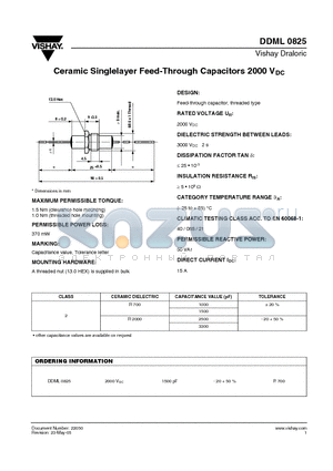 DDML0825 datasheet - Ceramic Singlelayer Feed-Through Capacitors 2000 VDC