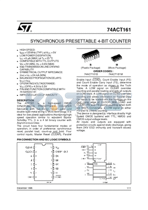 74ACT161 datasheet - SYNCHRONOUS PRESETTABLE 4-BIT COUNTER