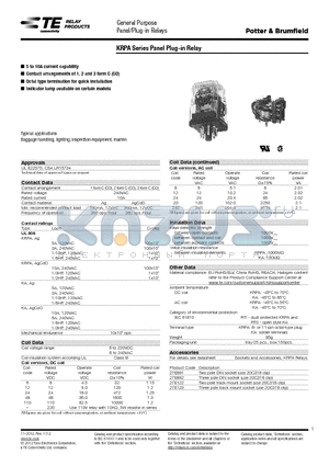 27E122 datasheet - KRPA Series Panel Plug-in Relay