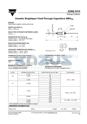 DDML0315 datasheet - Ceramic Singlelayer Feed-Through Capacitors 400VDC