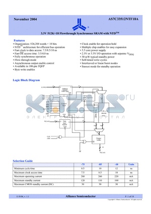 AS7C33512NTF18A-10TQIN datasheet - 3.3V 512K x 18 Flowthrough Synchronous SRAM with NTD