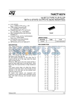 74ACT16374 datasheet - 16-BIT D-TYPE FLIP-FLOP WITH 3-STATE OUTPUTS (NON INVERTED)