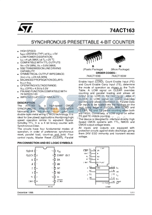 74ACT163B datasheet - SYNCHRONOUS PRESETTABLE 4-BIT COUNTER