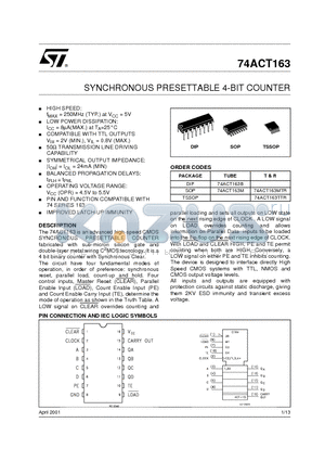 74ACT163MTR datasheet - SYNCHRONOUS PRESETTABLE 4-BIT COUNTER