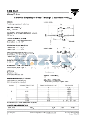 DDML0312 datasheet - Ceramic Singlelayer Feed-Through Capacitors 400VDC