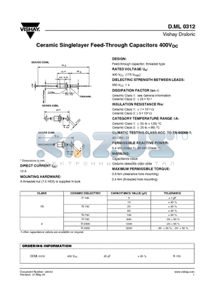 DDML0312 datasheet - Ceramic Singlelayer Feed-Through Capacitors 400VDC