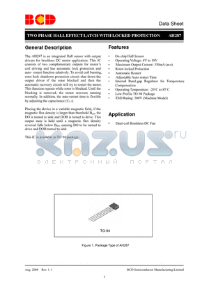 AH287Z4-CG1 datasheet - TWO PHASE HALL EFFECT LATCH WITH LOCKED PROTECTION