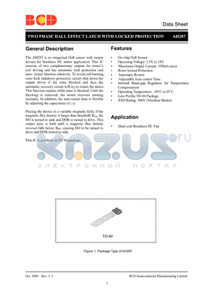 AH287Z4-CG1 datasheet - TWO PHASE HALL EFFECT LATCH WITH LOCKED PROTECTION