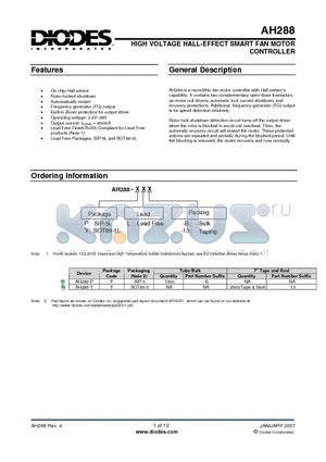 AH288 datasheet - HIGH VOLTAGE HALL-EFFECT SMART FAN MOTOR CONTROLLER