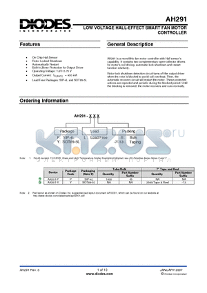 AH291 datasheet - LOW VOLTAGE HALL-EFFECT SMART FAN MOTOR CONTROLLER