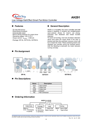 AH291 datasheet - Low Voltage Hall-Effect Smart Fan Motor Controller