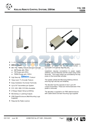 102C2-433F datasheet - KEELOQ REMOTE CONTROL SYSTEMS, 230Vac