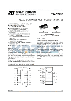 74ACT257 datasheet - QUAD 2 CHANNEL MULTIPLEXER 3-STATE
