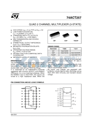 74ACT257B datasheet - QUAD 2 CHANNEL MULTIPLEXER (3-STATE)