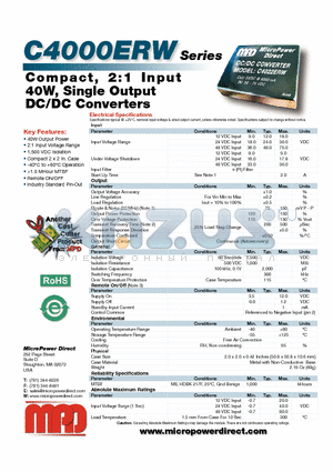 C4011ERW datasheet - Compact, 2:1 Input 40W, Single Output DC/DC Converters