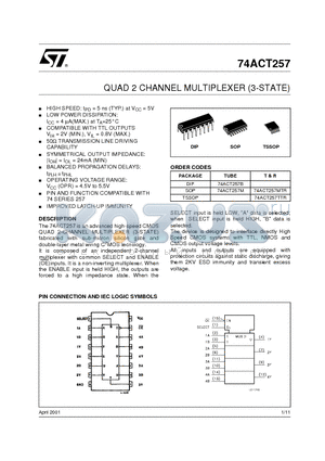 74ACT257_01 datasheet - QUAD 2 CHANNEL MULTIPLEXER (3-STATE)