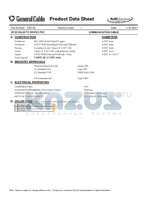 C4014A datasheet - 3P 22 SOLID TC SR-PVC PVC COMMUNICATION CABLE