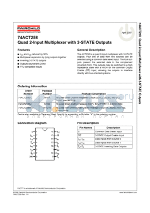 74ACT258MTC datasheet - Quad 2-Input Multiplexer with 3-STATE Outputs