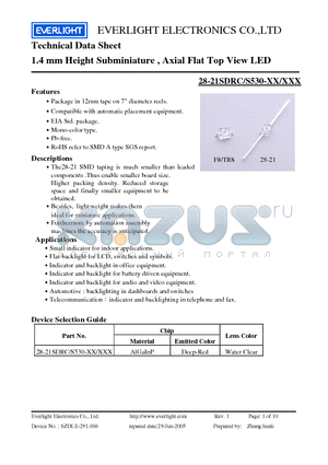 28-21SDRC-S530-XX-XXX datasheet - 1.4 mm Height Subminiature , Axial Flat Top View LED