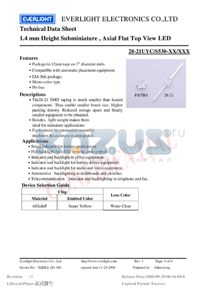 28-21UYC-S530-XX-XXX datasheet - 1.4 mm Height Subminiature , Axial Flat Top View LED