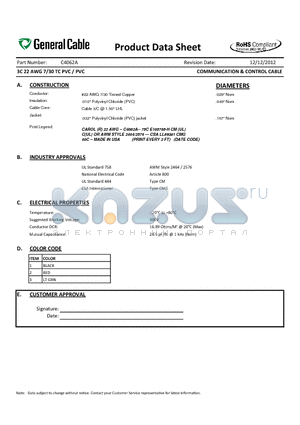 C4062A datasheet - 3C 22 AWG 7/30 TC PVC / PVC COMMUNICATION & CONTROL CABLE