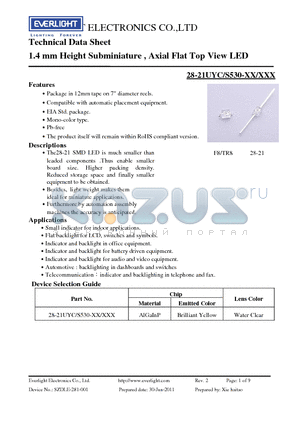 28-21UYC-S530-XX-XXX_11 datasheet - 1.4 mm Height Subminiature , Axial Flat Top View LED