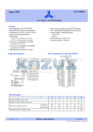 AS7C34098A-10JCN datasheet - 3.3 V 256 K x 16 CMOS SRAM