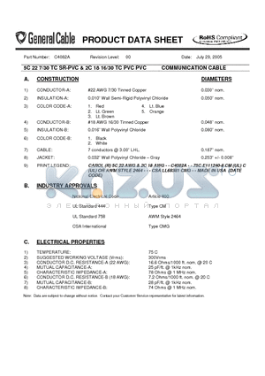 C4082A datasheet - 5C 22 7/30 TC SR-PVC & 2C 18 16/30 TC PVC PVC COMMUNICATION CABLE